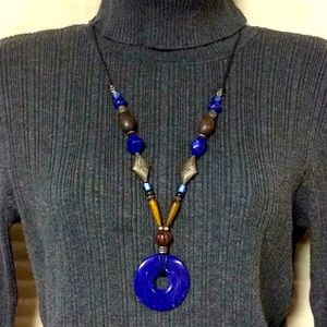 Cobalt Blue Stone Donut Pendant with metal and wooden beaded Necklace 14"